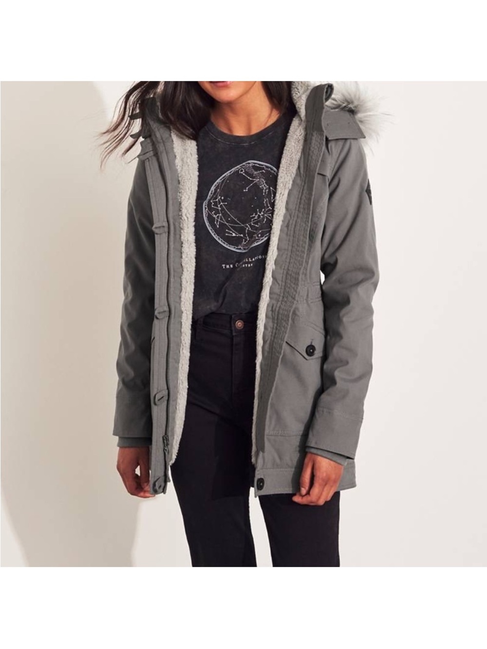 Hollister cozy lined gray parka heritage collection faux fur lined jacket